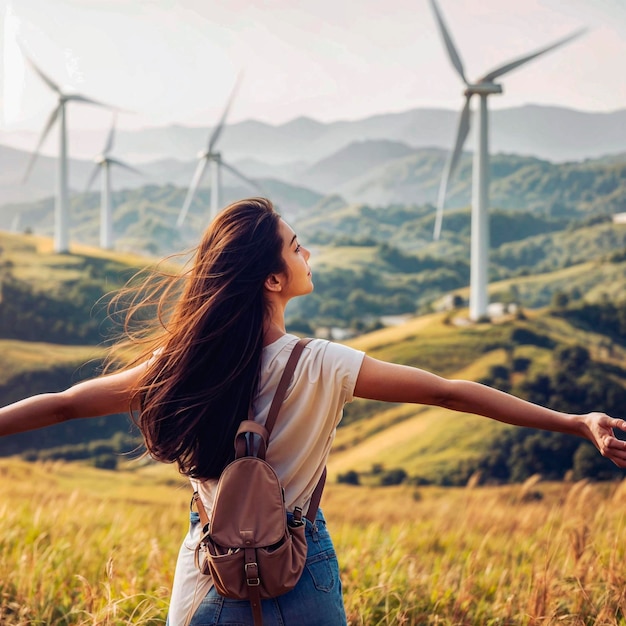 женщина с протянутыми руками перед ветряными турбинами