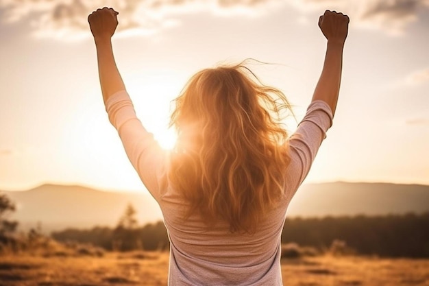 a woman with her arms raised in the air with the sun behind her