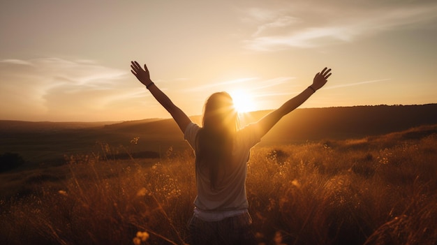 A woman with her arms raised in a field of grass