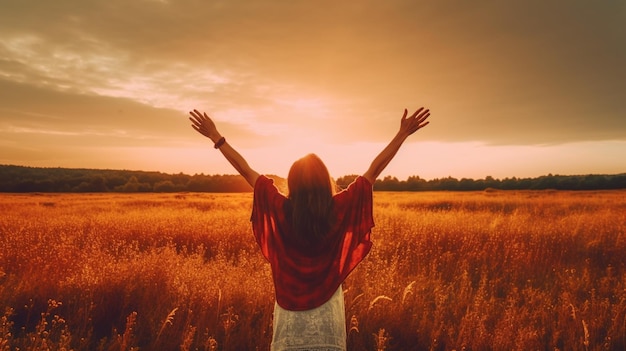 A woman with her arms raised in a field of wheat