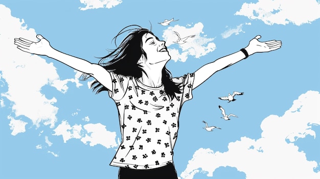a woman with her arms up in the air with birds flying in the sky
