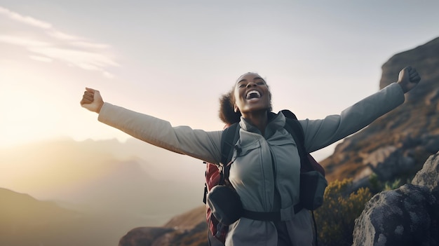 Photo a woman with her arms up in the air with a sunset in the background