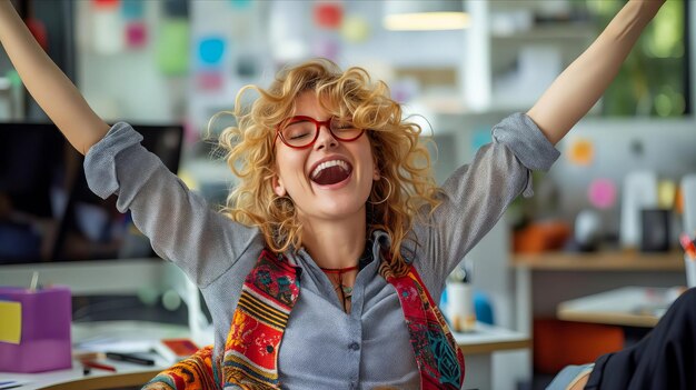 Photo a woman with her arms up in the air