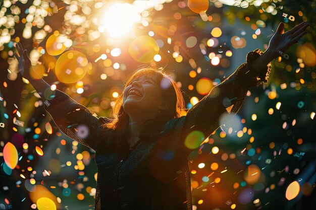 A woman with her arms up in the air