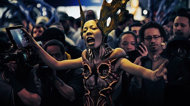 Photo a woman with her arms up in front of a crowd of people