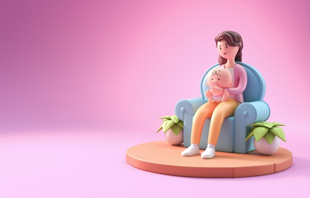 ソファの 3 D イラストレーションで彼女の赤ちゃんを持つ女性