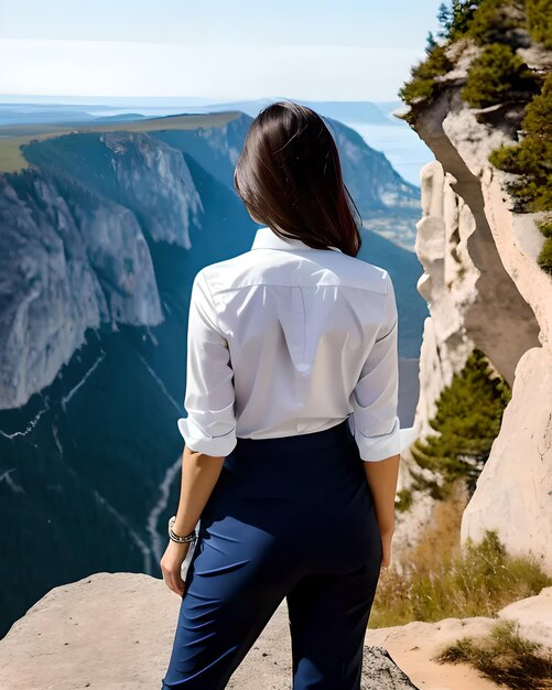 Фото Женщина с спиной смотрит на красивый пейзаж на краю скалы