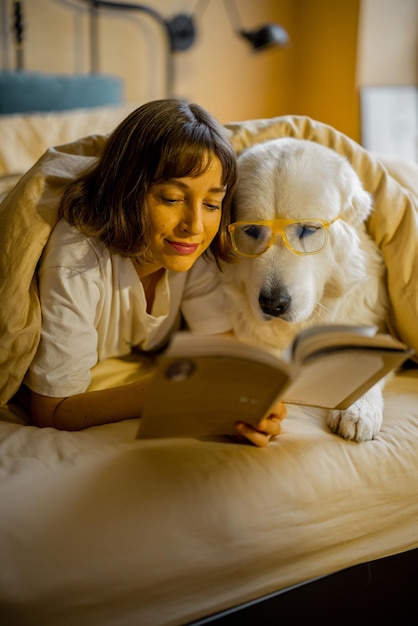 ベッドでかわいい犬の読書本を持つ女性