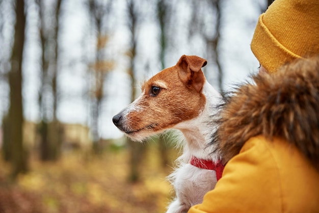 Woman with her dog in autumn park