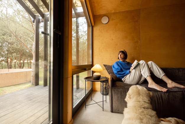 Woman with her dog in house on nature