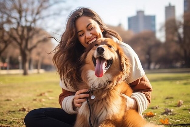 a woman with her dog in a park