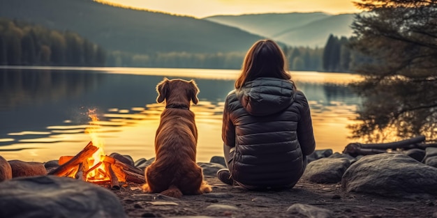 woman with her dog sitting on the shore of a lake with a fire rear view Generative AI