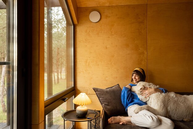 Woman with her dog in wooden house on nature