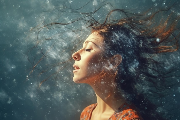 A woman with her eyes closed and her hair is floating in the water