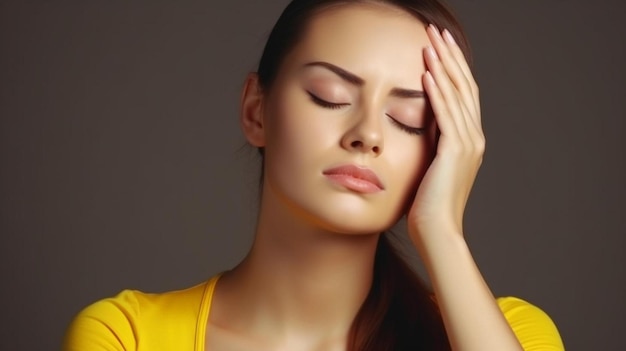 a woman with her eyes closed holding her hand to her face