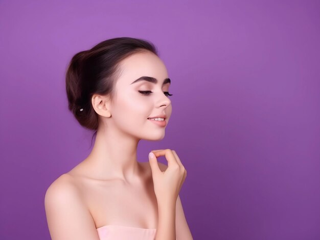 A woman with her eyes closed and a pink dress on a purple background