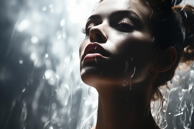 Woman with her eyes closed and rain falling down Generative AI