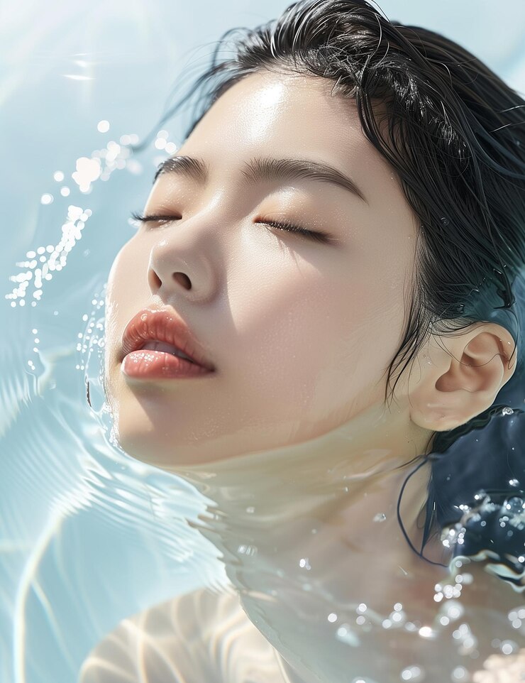 a woman with her eyes closed and the water is clear