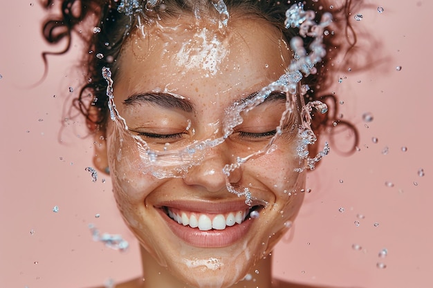 a woman with her eyes closed and the water splashing is spraying out of her face