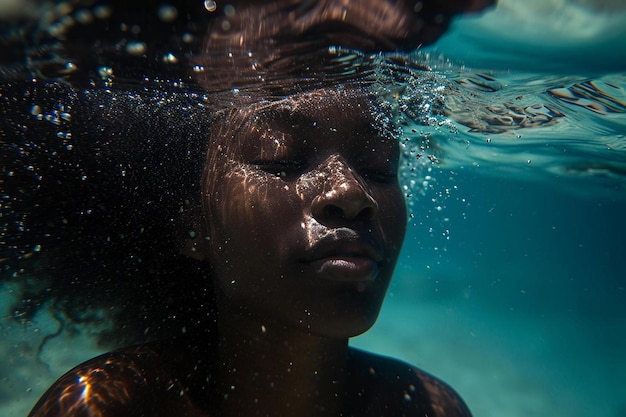 a woman with her eyes closed under water