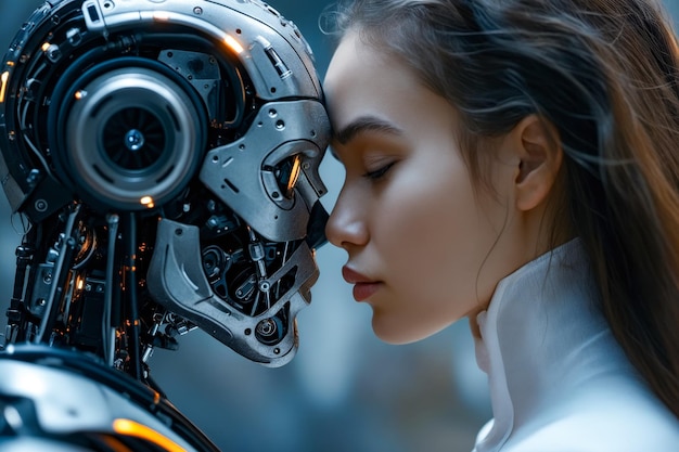 顔をロボットの顔に押した女性がキスしているようだ