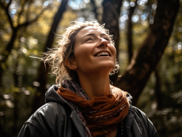 Woman with her face up and her eyes closed and with a smile she has her arms outstretched in the middle of a forest on a sunny day enjoying freedom and nature mindfulness