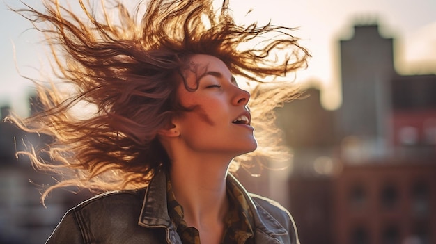 A woman with her hair blowing in the wind