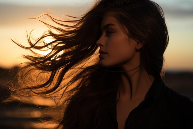 a woman with her hair blowing in the wind