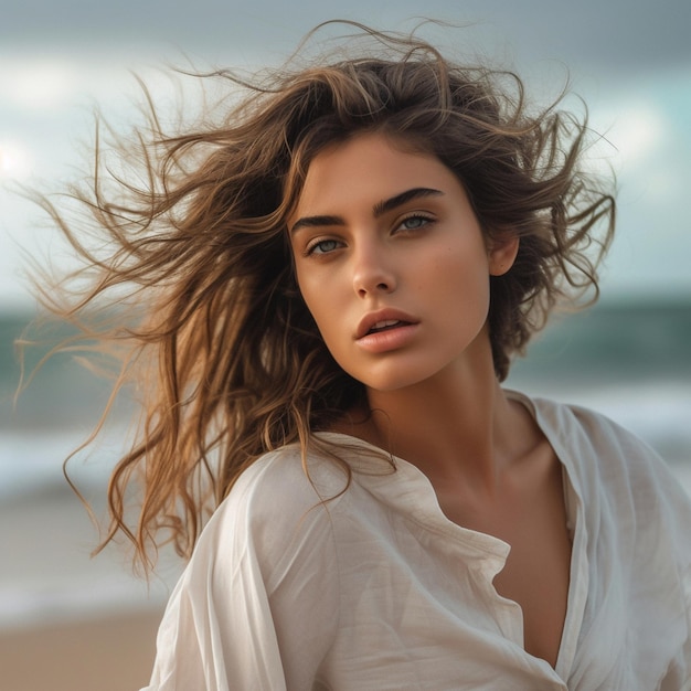 a woman with her hair blowing in the wind