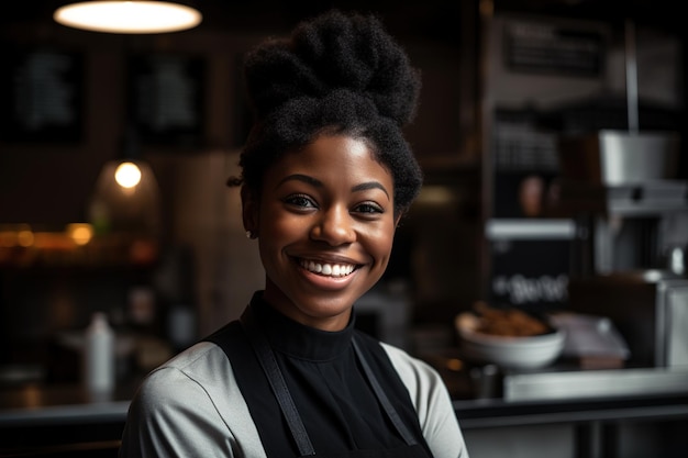 A woman with her hair in a bun stands in a restaurant.