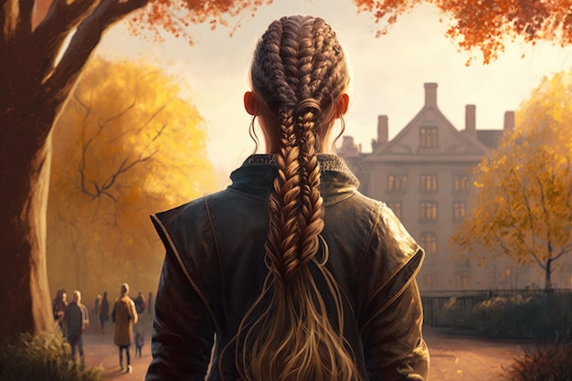 Woman with her hair styled in braid walking through city park created with generative ai