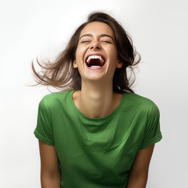a woman with her hair up in a green shirt that says quot shes laughing quot