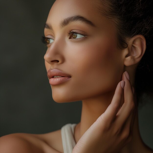 Photo a woman with her hand on her chin