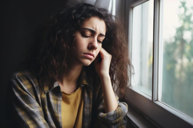 a woman with her hand on her face is looking out a window