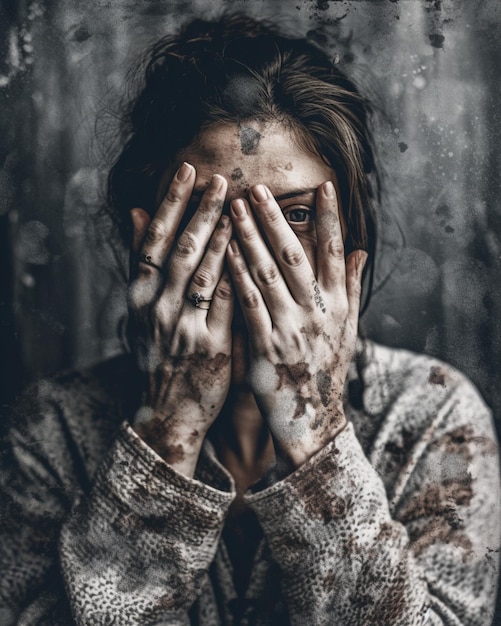 A woman with her hands covering her face is covered in dirt and has a dirty face