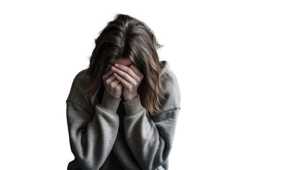 a woman with her hands covering her face with her hands.