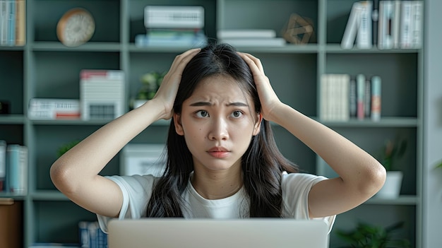 A woman with her hands on her head is sitting at a desk with a laptop