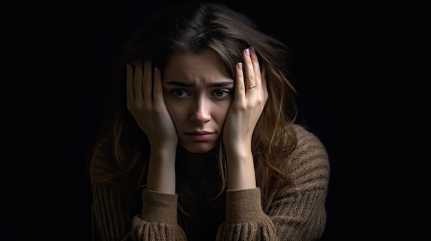 a woman with her hands on her head and the other hand is crying.