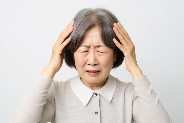 a woman with her hands on her head