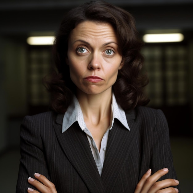 A woman with her hands on her hips and a black jacket.