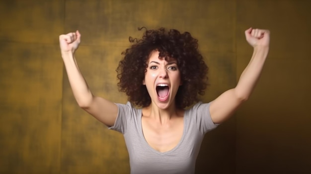 A woman with her hands up and her mouth open and her hands up in the air.
