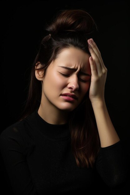 Photo a woman with her head down and her hand on her head