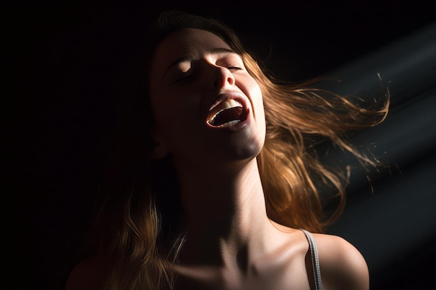 A woman with her mouth open in the dark