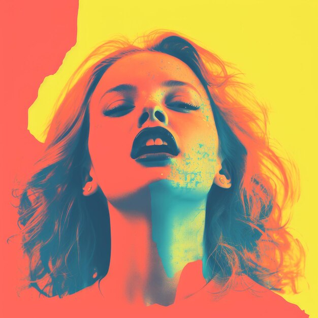 a woman with her mouth open in front of a colorful background