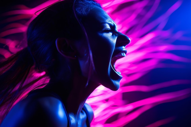 a woman with her mouth open in front of neon lights