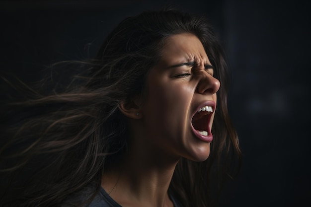 a woman with her mouth open and her hair blowing in the wind