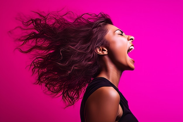 a woman with her mouth open and her hair blowing in the wind