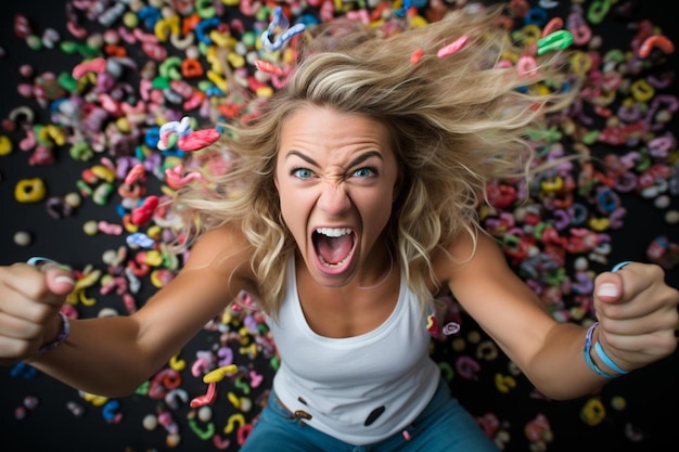 Photo a woman with her mouth open is screaming in front of a bunch of sprinkles
