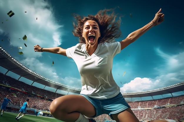 женщина с открытым ртом кричит перед футбольным стадионом, концепция женского футбола