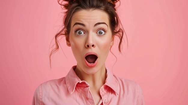 a woman with her mouth open and a pink background